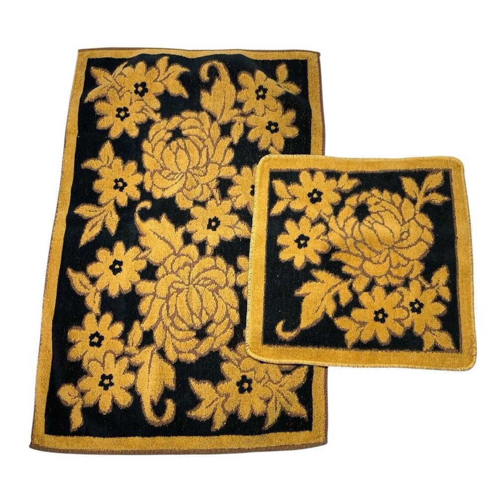 Vintage MCM Fieldcrest Floral Towels Black Gold Cotton Terrycloth